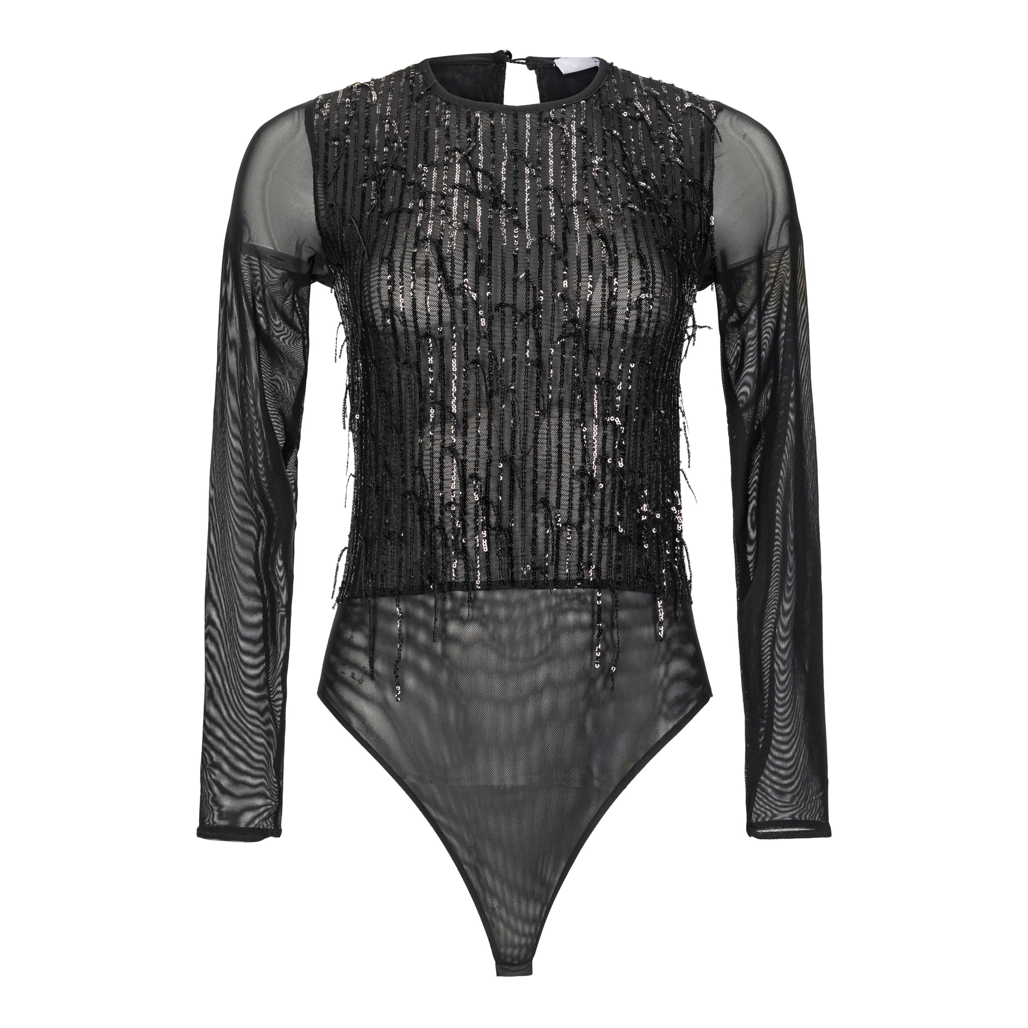 DESANTIS Mesh Sheer Black Sequins Fringe Bodysuit – Timeless