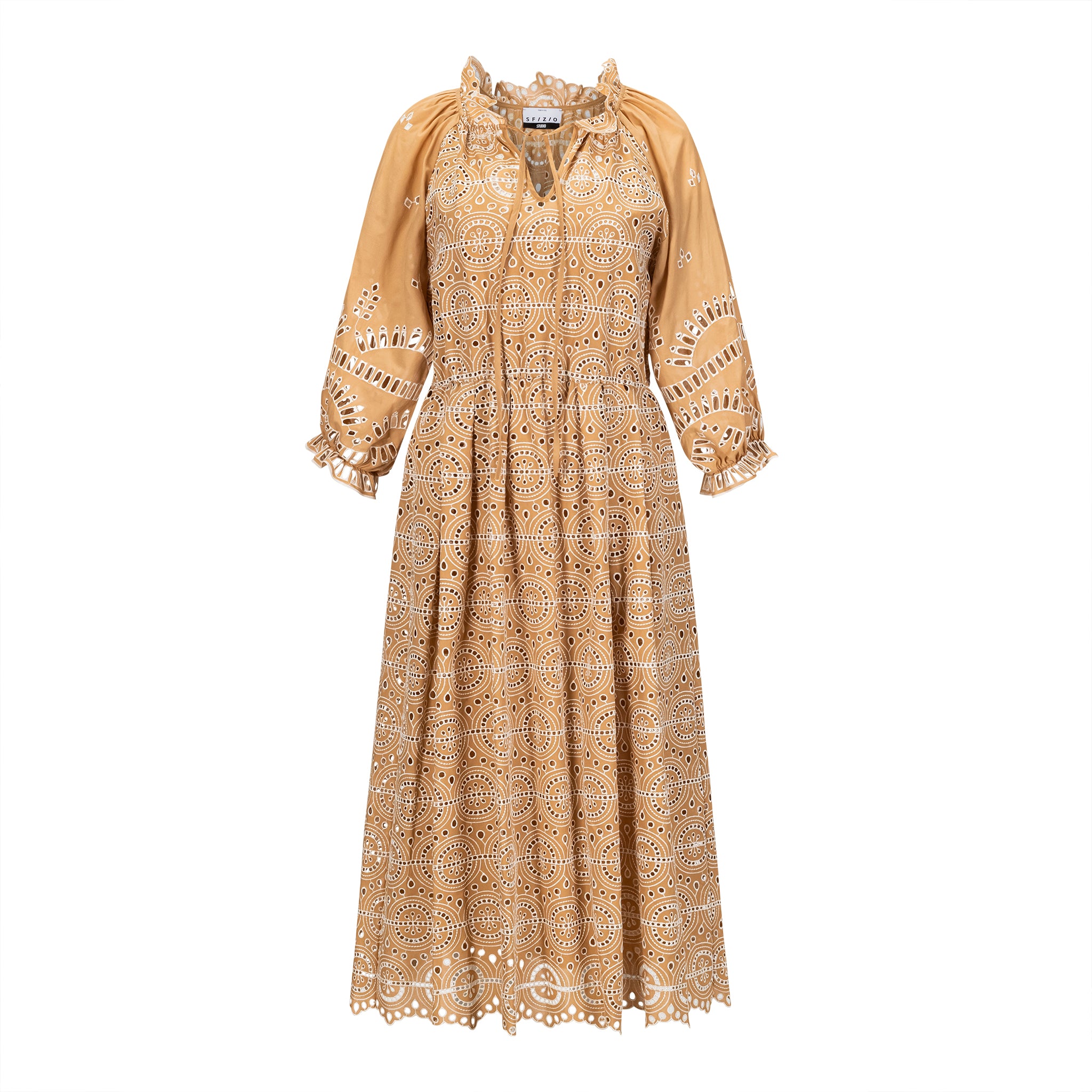 Sfizio Sand Puff Sleeve Fit and Flare Eyelet Dress Timeless Sfizio Sand Puff Sleeve Fit and Flare Eyelet Dress Timeless