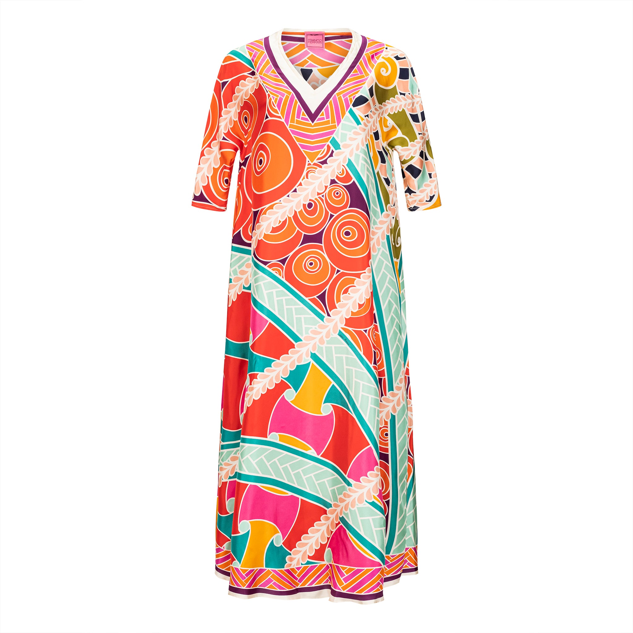 ferrari silk drape dress Franco Ferrari Colorful Printed Silk V-Neck Dress – Timeless