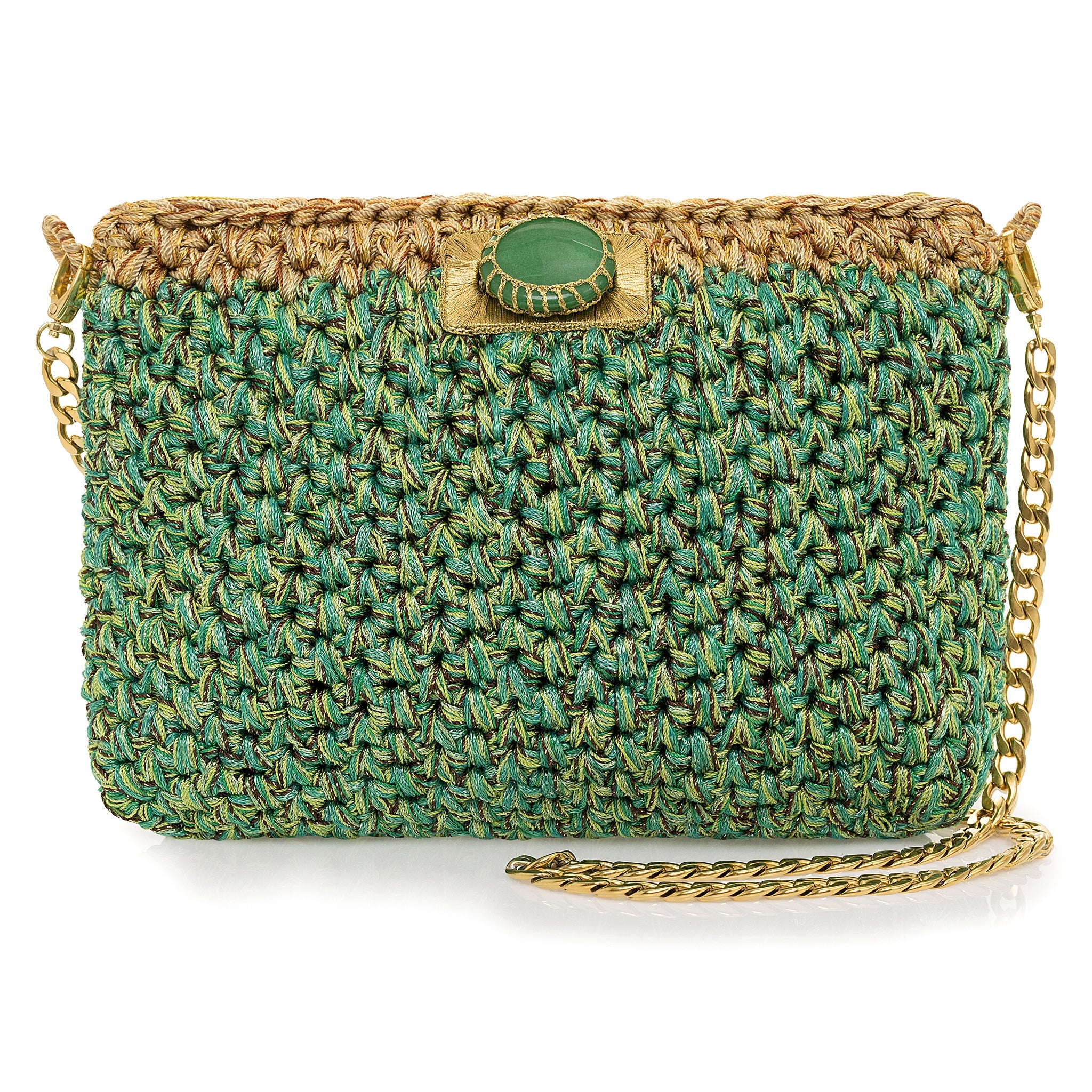 Boks & Baum Metallic Green and Gold Crochet Clutch – Timeless