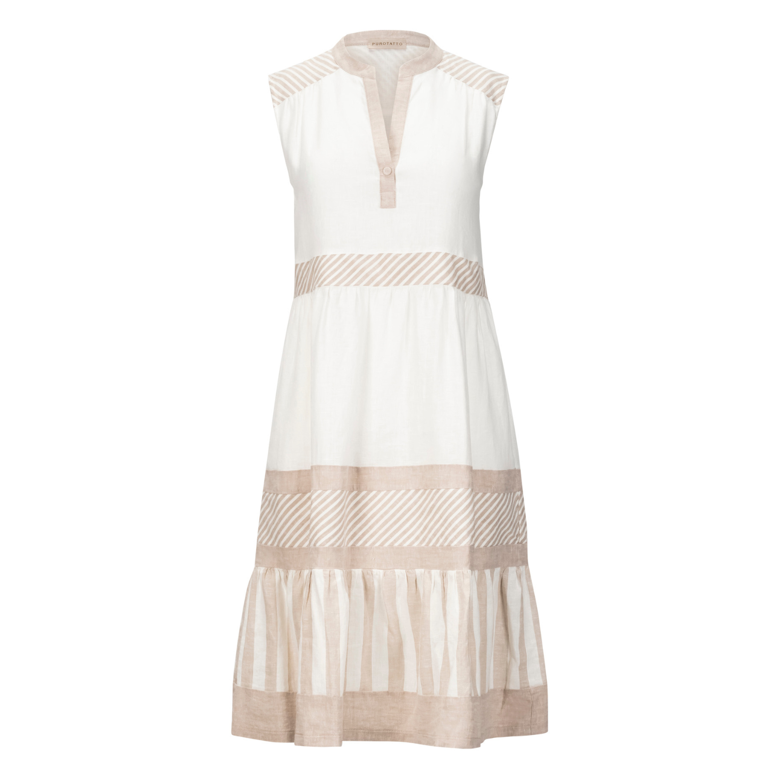 Purotatto Short Patterned Linen Dress - Beige + White Timeless Purotatto Short Patterned Linen Dress - Beige + White Timeless