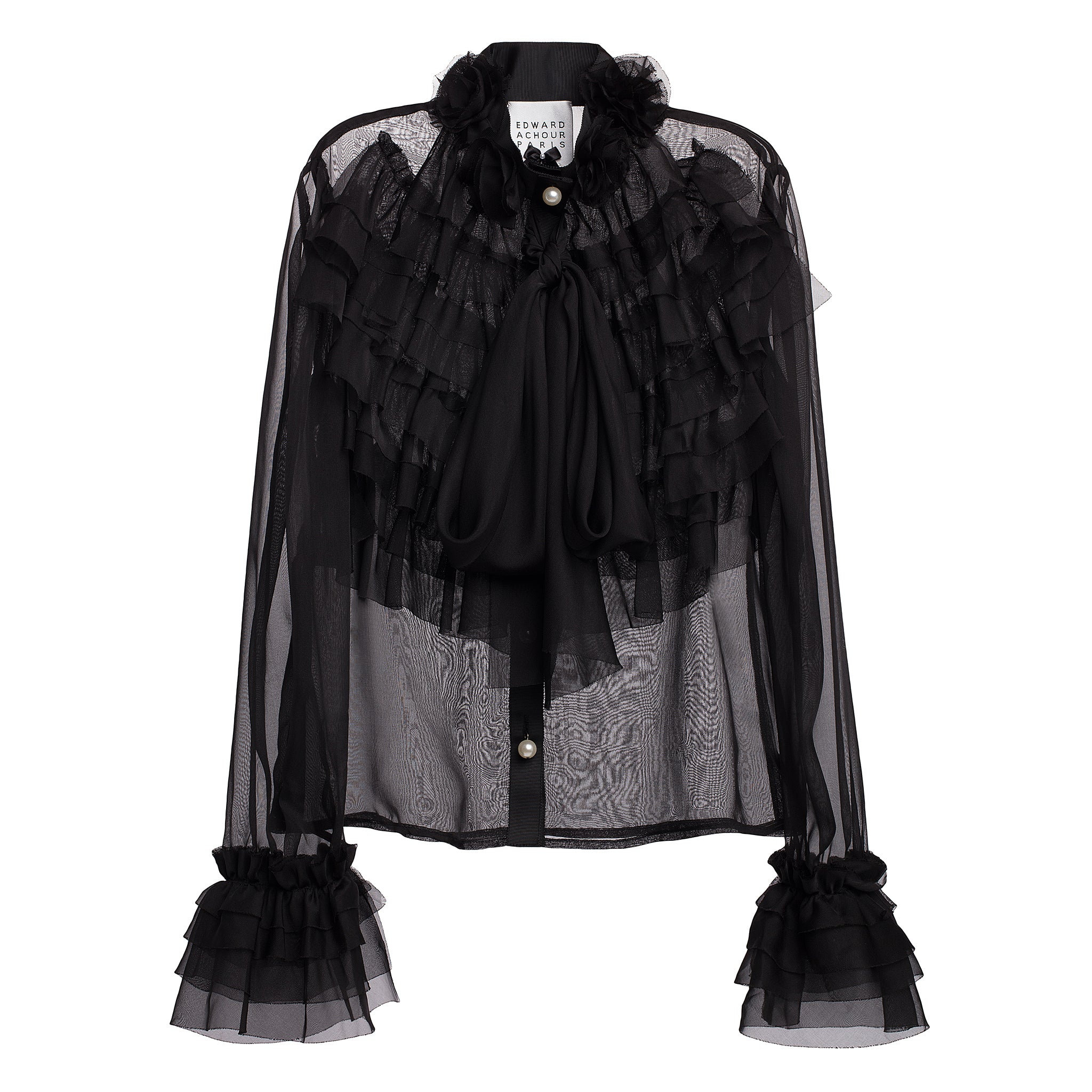 Sheer Ruffle Blouse with Pearl Buttons Black