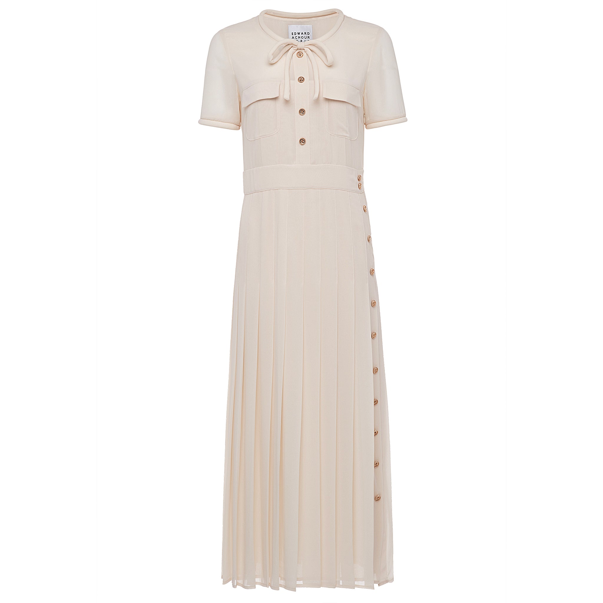 Edward Achour Ivory Pleated Short Sleeve Midi Dress – Timeless