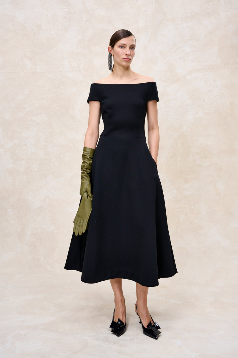 Natan Ponte Knit A-Line Black Off The Shoulder Dress Timeless Martha's Vineyard 