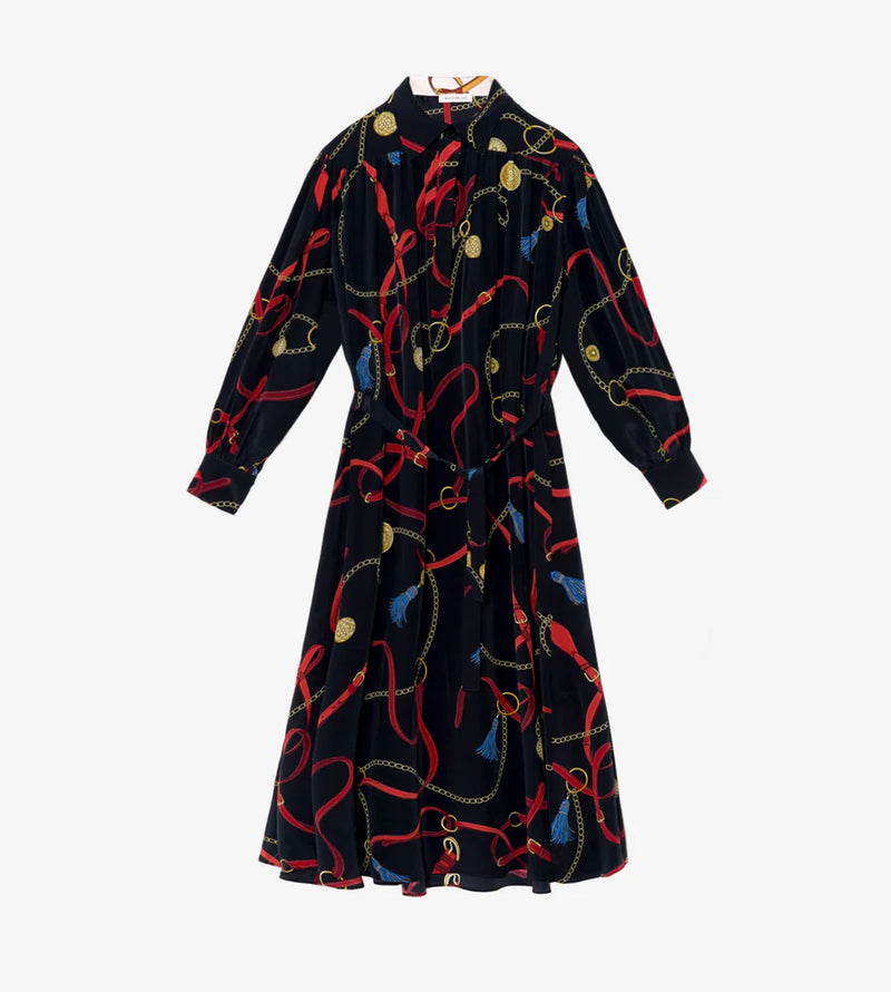 Mantero Black Silk Bridle Belt Print Dress Timeless Martha's Vineyard 