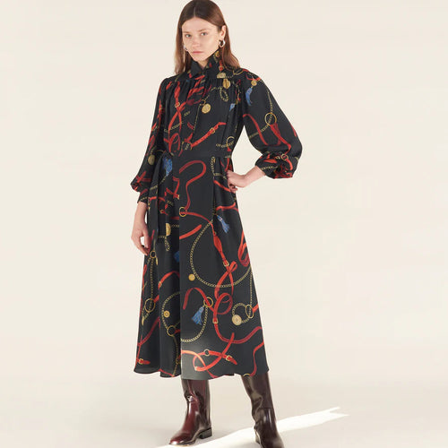 Mantero Black Silk Bridle Belt Print Dress Timeless Martha's Vineyard 