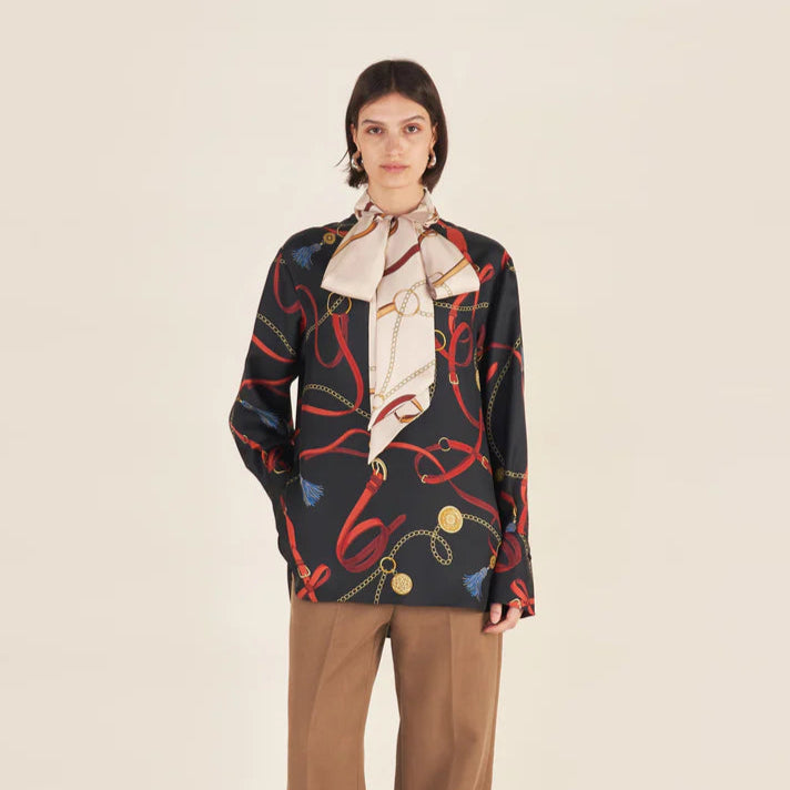 Mantero Black Silk Bridle Blouse with Contrast Tie Timeless Martha's Vineyard 