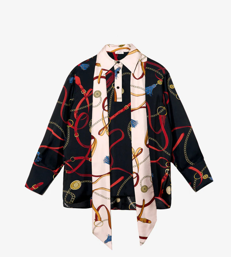 Mantero Black Silk Bridle Blouse with Contrast Tie Timeless Martha's Vineyard 
