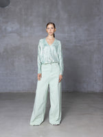 NUDE Metallic V-Neck Teal + Gold Foil Sweater Timeless Martha's Vineyard