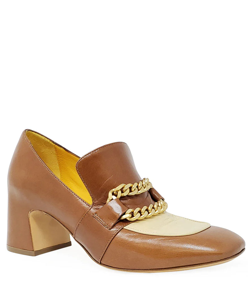 Mara Bini Camel Cream Heeled Loafer with Gold Chain