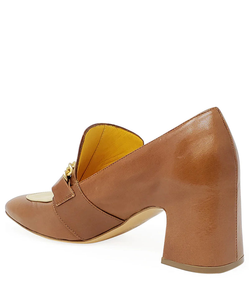 Mara Bini Camel Cream Heeled Loafer with Gold Chain