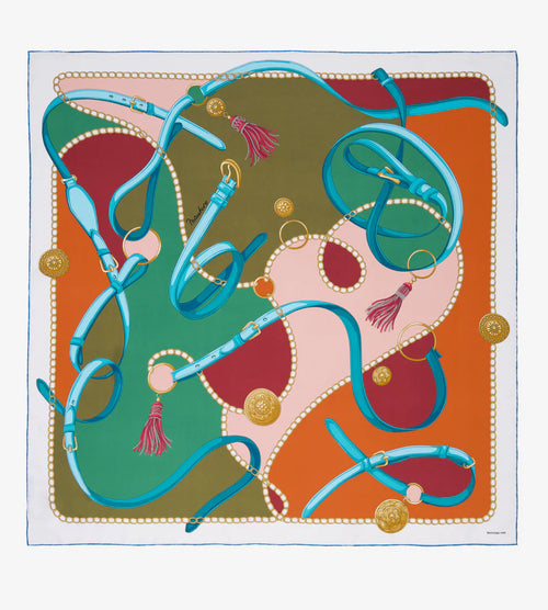 Mantero Cotswolds Riding Silk Scarf 90x90 Blue Green Timeless Martha's Vineyard 