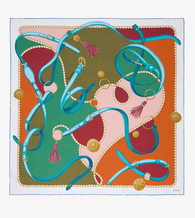 Mantero Cotswolds Riding Silk Scarf 90x90 Blue Green Timeless Martha's Vineyard 
