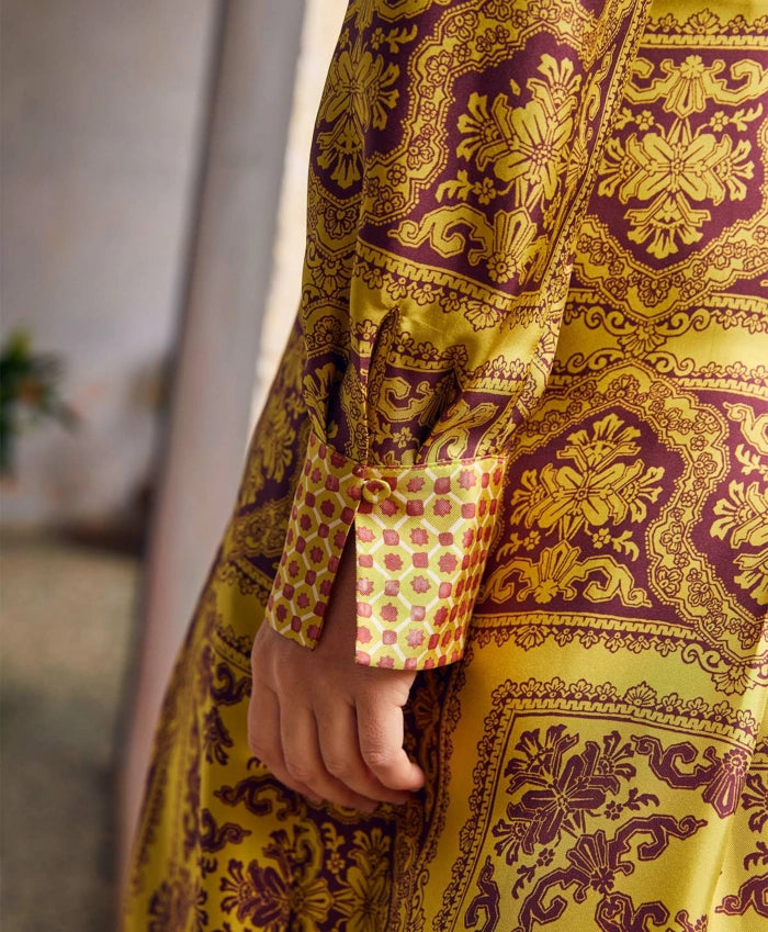 momoni silk dress Momoni Gold + Brown Silk Printed Bow Tie Midi Dress Timeless