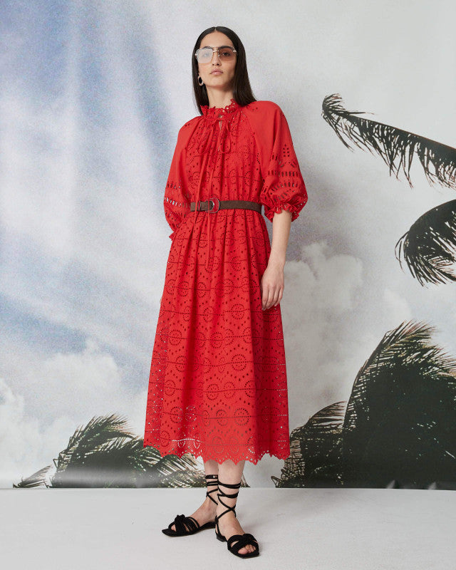 Sfizio Red Puff SLeeve Fit and Flare Eyelet Dress Timeless Sfizio Red Puff SLeeve Fit and Flare Eyelet Dress Timeless