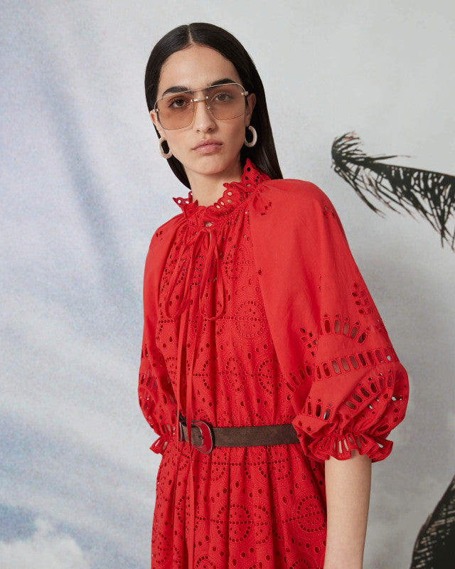Sfizio Red Puff SLeeve Fit and Flare Eyelet Dress Timeless Sfizio Red Puff SLeeve Fit and Flare Eyelet Dress Timeless