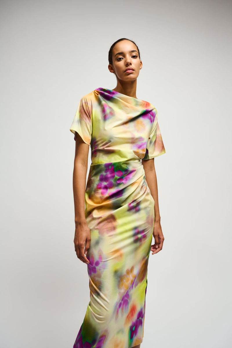 Natan Audrey Spray Paint Floral Ruched Maxi Dress Timeless Martha's Vineyard 