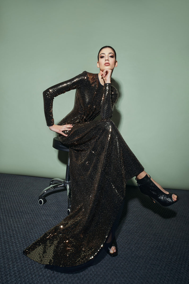 DESANTIS Gold Black Metallic Long Sleeve Gown Timeless Martha's Vineyard 