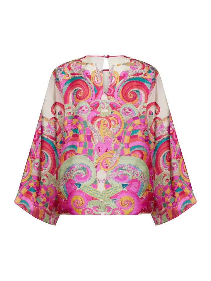 Aloe Waves Print Wide Sleeve Silk Blouse Timeless Martha's Vineyard 