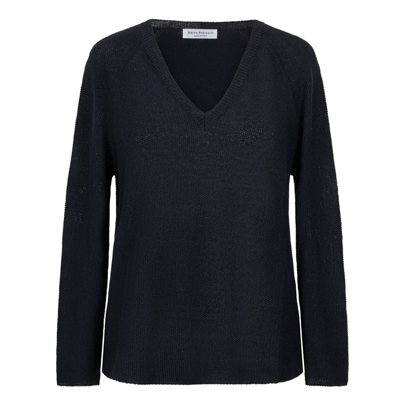 Amina Rubinacci Orsu Navy Cotton Linen V-Neck Sweater Timeless Martha's Vineyard 