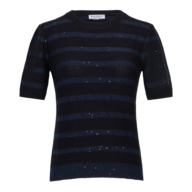Amina Rubinacci Savona Sequins Stripe Organic Cotton Sweater - Navy Timeless Martha's Vineyard 