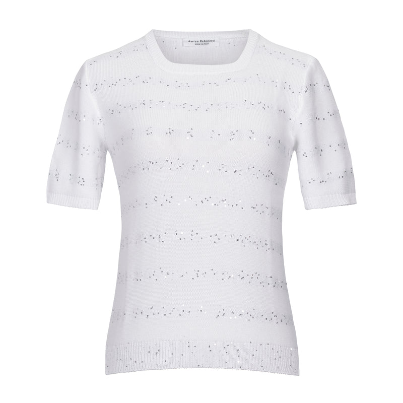 Amina Rubinacci Savona Sequins Stripe Organic Cotton Sweater - White Timeless Martha's Vineyard 