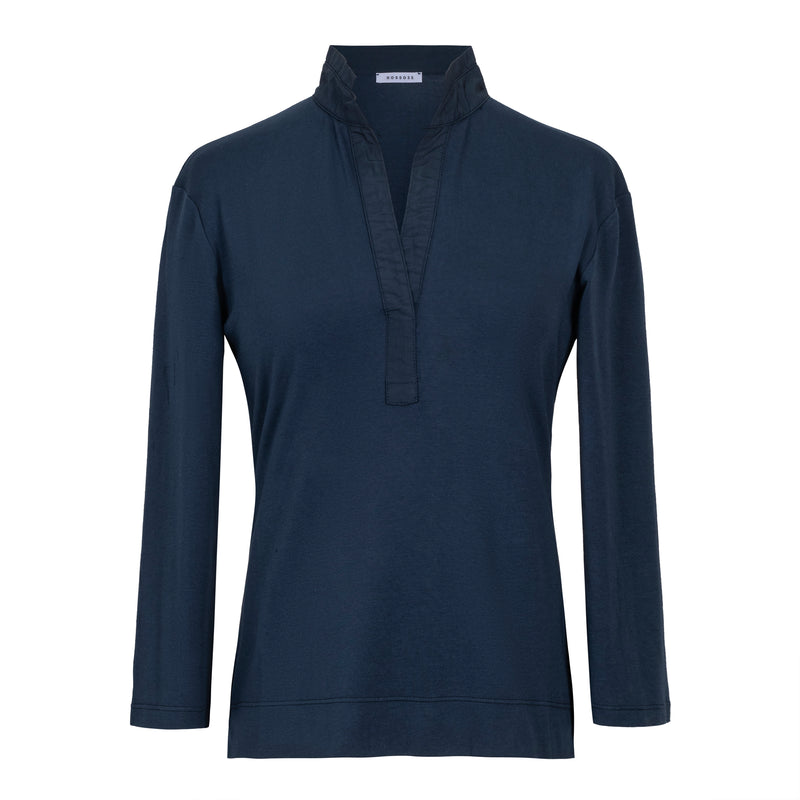 Rosso35 Cotton 3/4 Sleeve Fitted Collared Navy Top Timeless Martha's Vineyard 