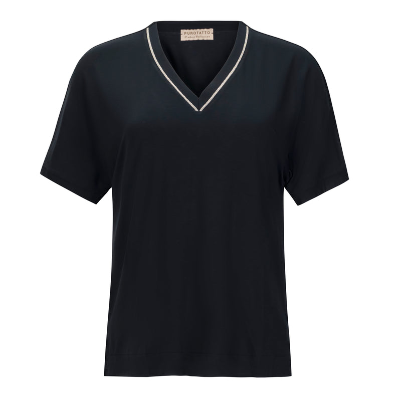 Purotatto V-Neck Navy T-Shirt with Metallic Piping Timeless Martha's Vineyard 