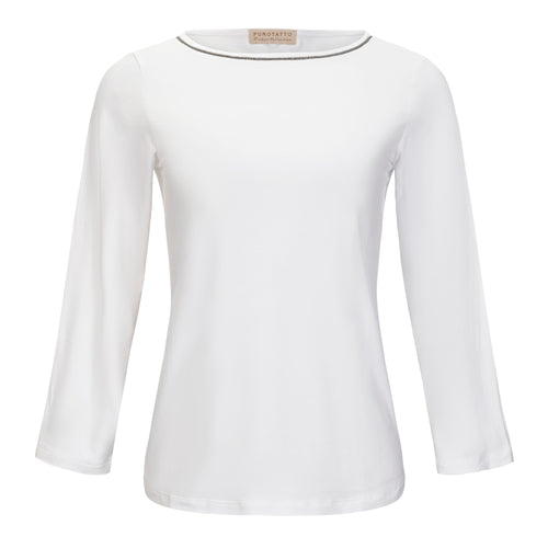 Purotatto White Boat Neck Shirt with Metallic Piping Timeless Martha's Vineyard 