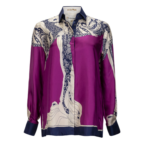 Le Sarte Pettegole  Purple + Ivory Silk Fairy Print Blouse Timeless Martha's Vineyard 