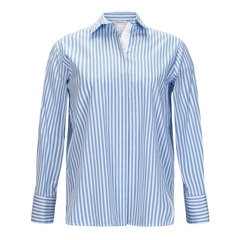 dress shirt sleeve pleats Women's Blue Striped Shirt Lapel Pleats Drawstring Long Sleeves Loose Shirts Female Top Blue M at Amazon Women's Clothing store
