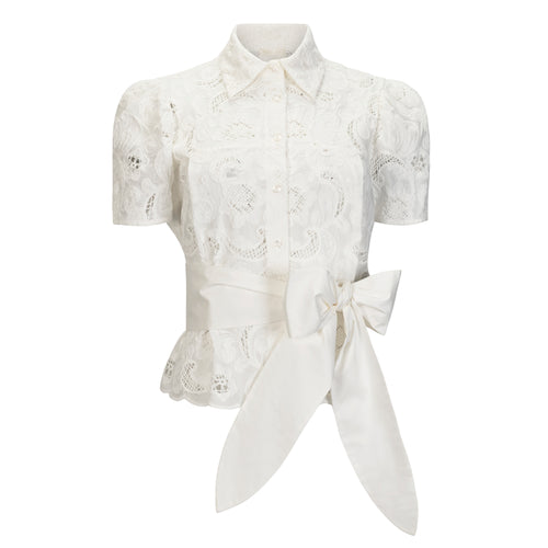 MILVA MI White Lace Puff Short Sleeve Blouse Timeless Martha's Vineyard 