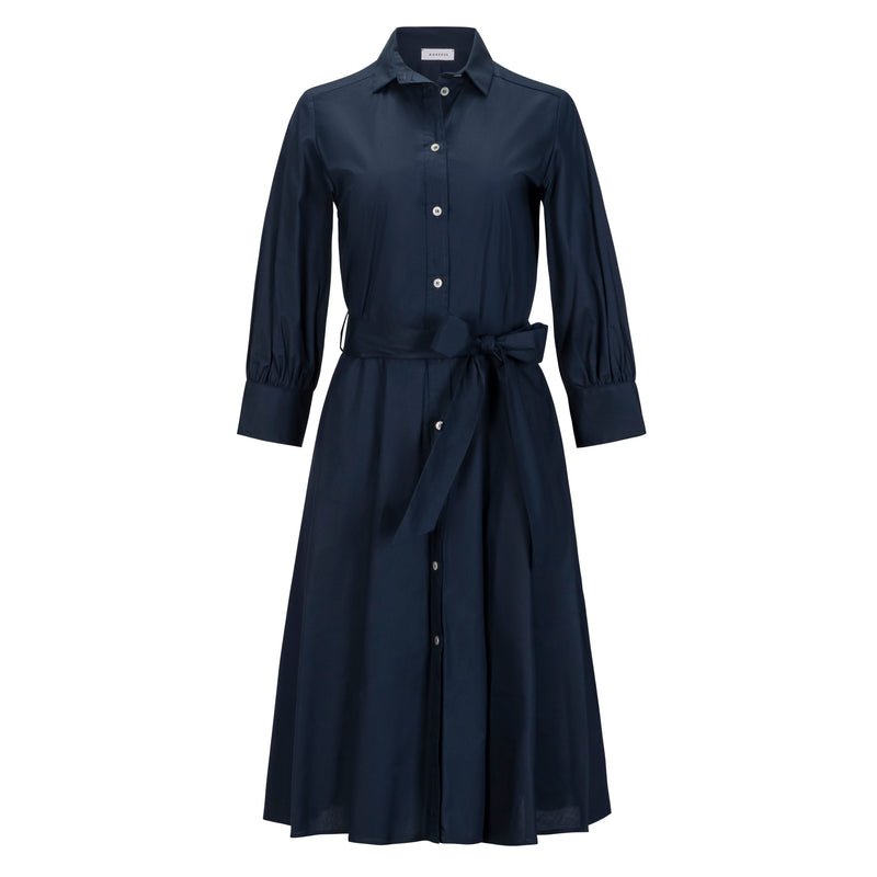 Belted Shirt Dress with Puffed Sleeves - Navy