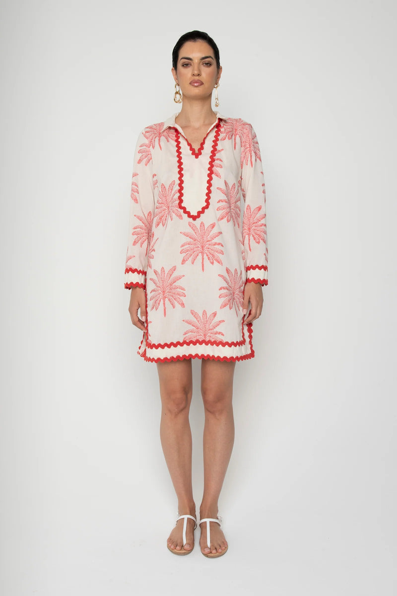 Lavi Metallic Red and Ivory Palm Print Tunic Dress Timeless Martha's Vineyard 