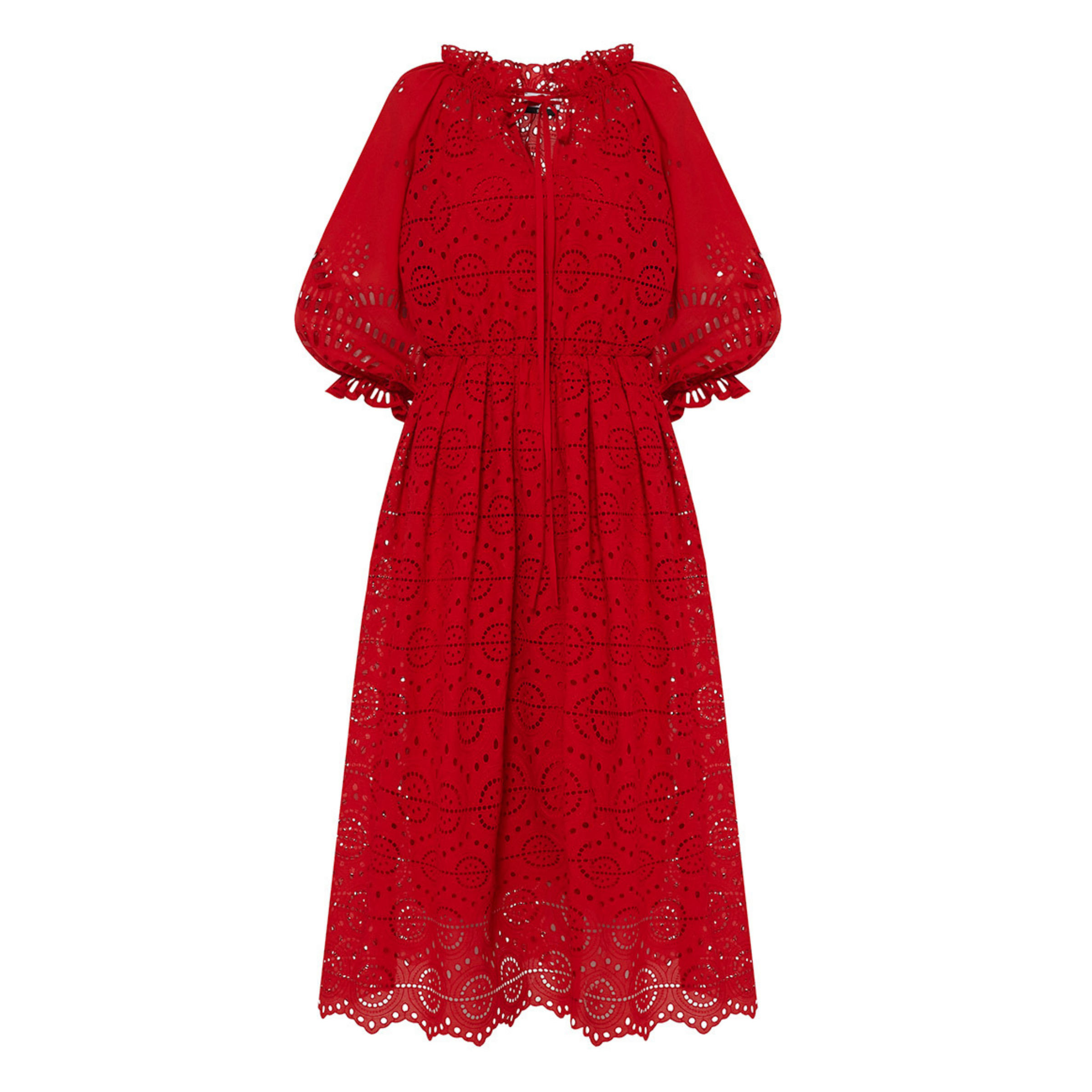 Sfizio Red Puff SLeeve Fit and Flare Eyelet Dress Timeless Sfizio Red Puff SLeeve Fit and Flare Eyelet Dress Timeless