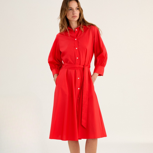 Rosso35 Red Belted Shirt Dress with Puffed Sleeves Timeless Martha's Vineyard