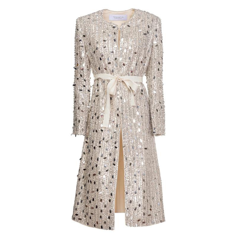 DESANTIS Silver Embellished Sequins Cream Dress Coat Timeless Martha's Vineyard 