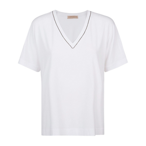 Purotatto V-Neck White T-Shirt with Metallic Piping Timeless Martha's Vineyard 