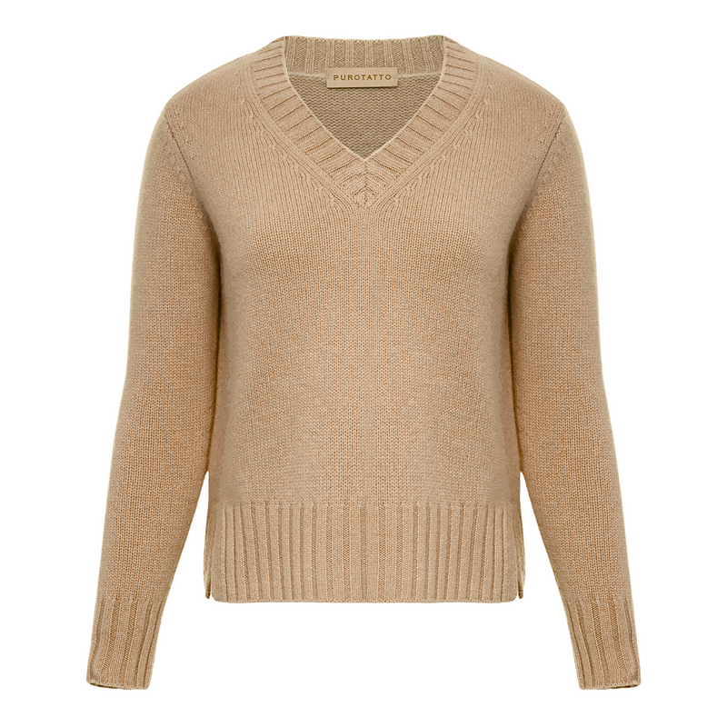 Purotatto Cashmere V-Neck Sweater in Soft Camel Timeless Martha's Vineyard 