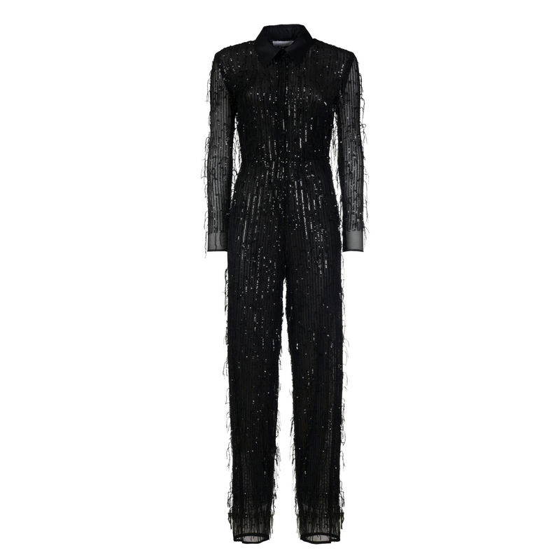 DESANTIS Black Sequins Fringe Jumpsuit Timeless Martha's Vineyard 