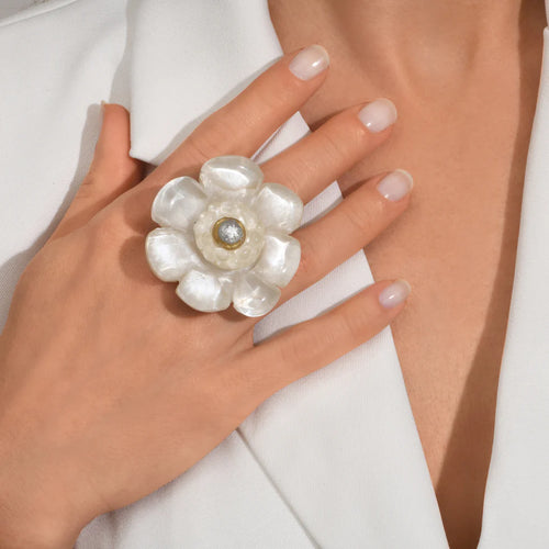 Dominique Denaive Daphne White Flower Statement Ring Timeless Martha's Vineyard 
