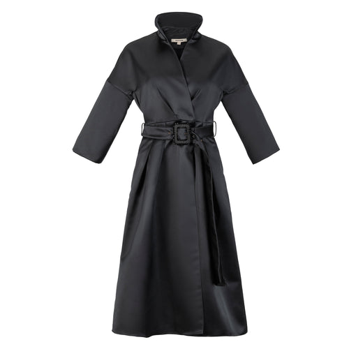 Nata Byka Jeweled Buckle Belted Black Satin Dress Timeless Martha's Vineyard 