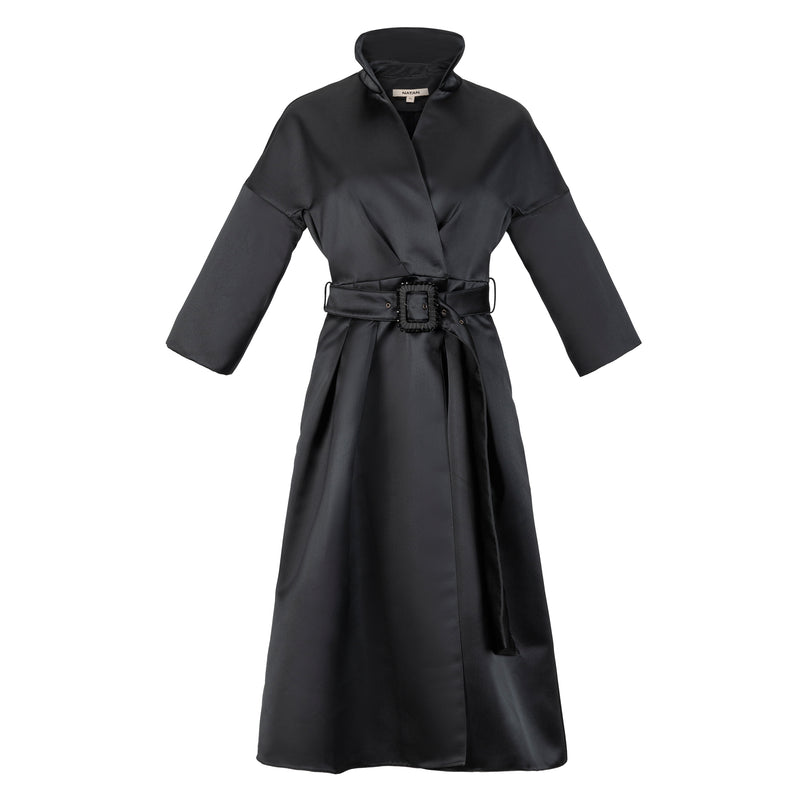 Nata Byka Jeweled Buckle Belted Black Satin Dress Timeless Martha's Vineyard 