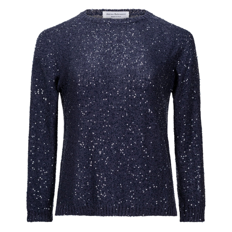 News Sequins Round Neck Cotton Sweater - Navy