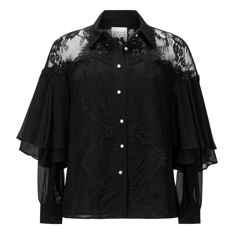 Edward Achour Lace Ruffle Sleeve Blouse - Black Timeless Martha's Vineyard