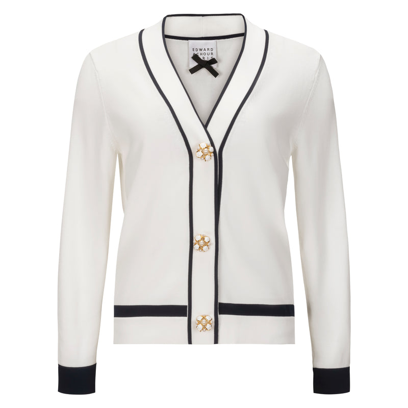 Edward Achour V-Neck Cardigan - Ivory with Navy Trim + Pearl Buttons Timeless Martha's Vineyard 