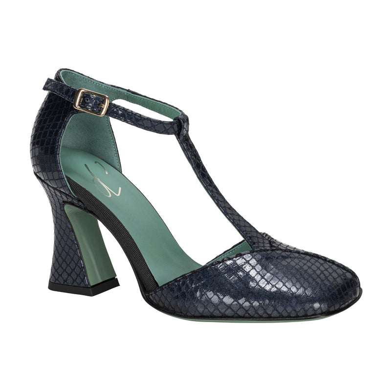 Paola D'Arcano Navy Embossed Snake T-Strap Heel Timeless Martha's Vineyard 