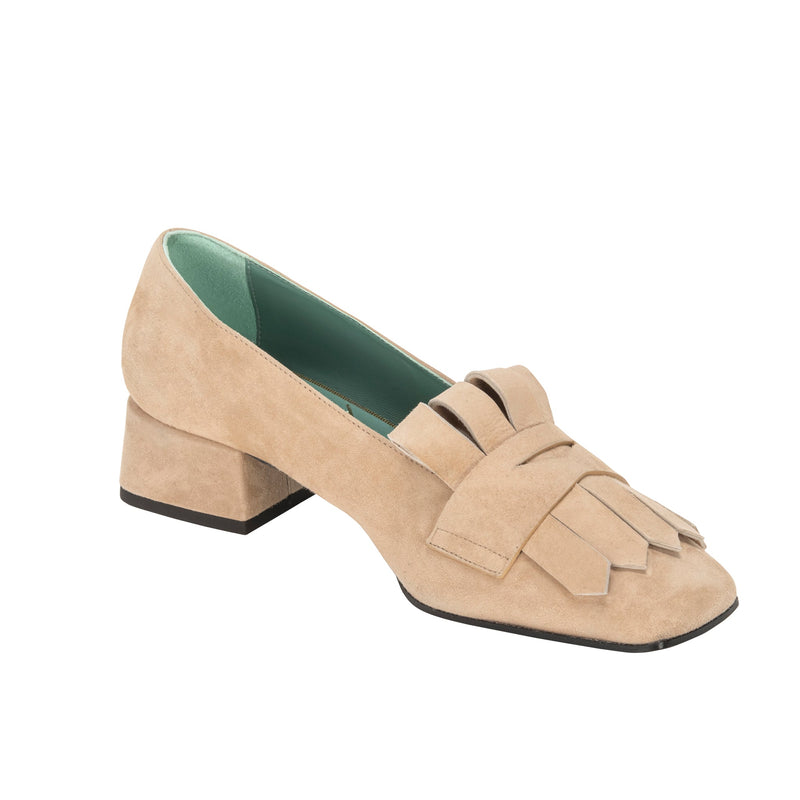 Paola D'Arcano Suede Block Heel Loafer - Beige Timeless Martha's Vineyard