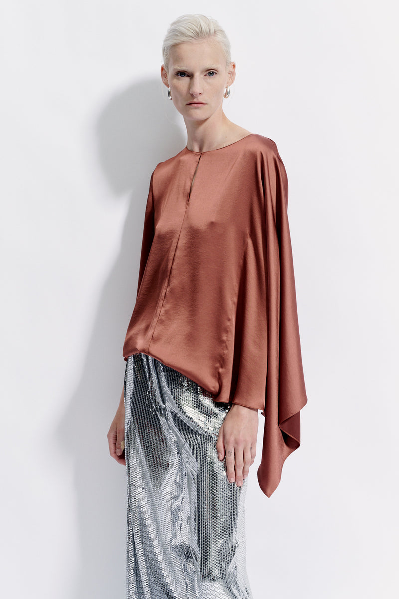 Natan Carlos Navy Asymmetrical Satin Blouse Timeless Martha's Vineyard 