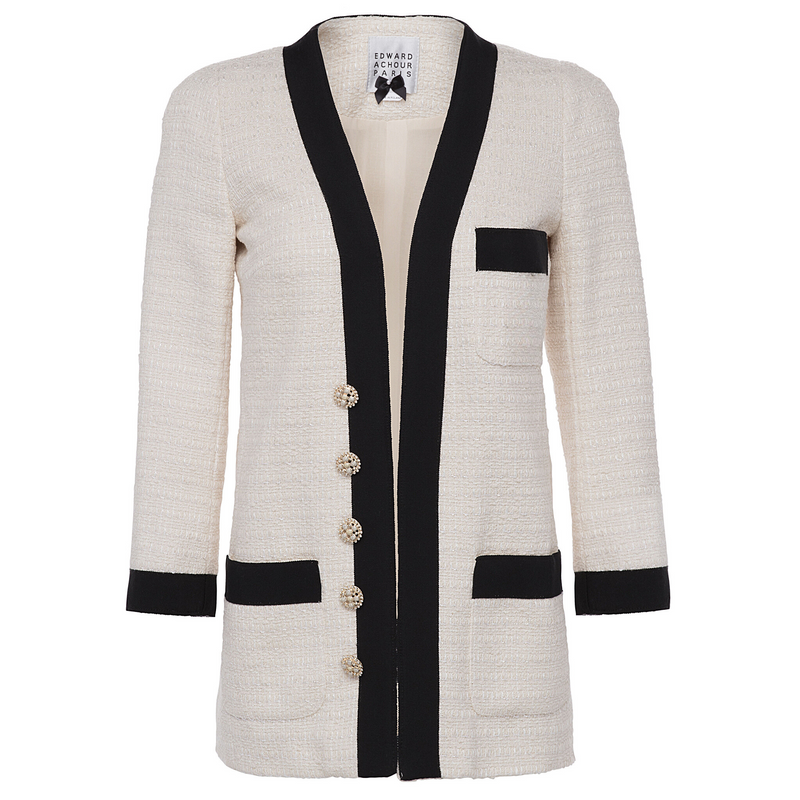 Edward Achour Ivory Tweed Blazer with Black Ribbon Trim Timeless Martha's Vineyard